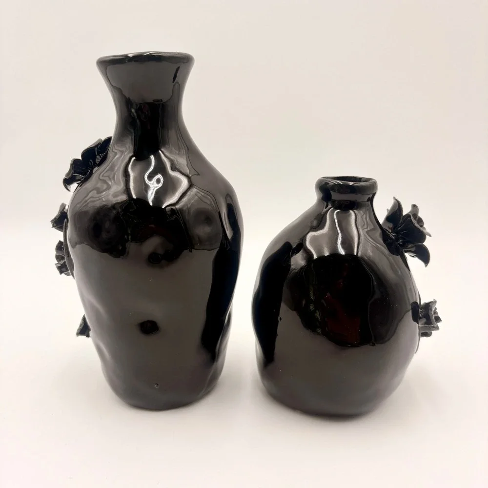 Potters Studio Halloween Black Ceramic Floral Bud Vase Set 2 Piece 3D Rose Decor